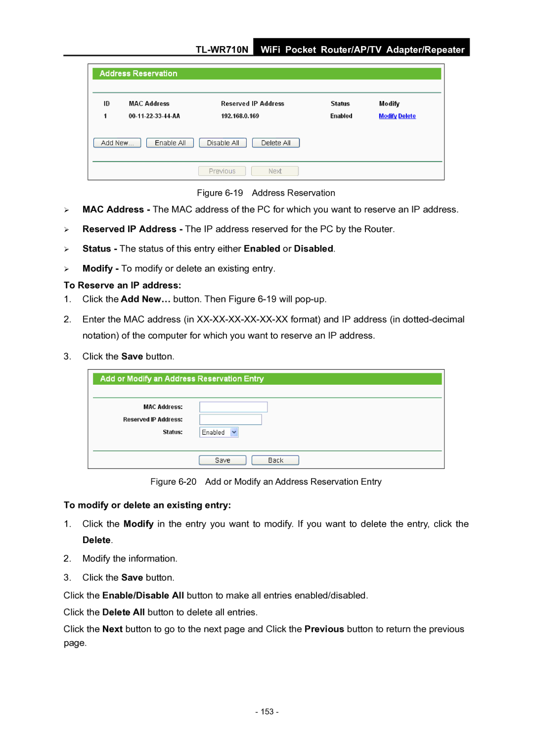 TP-Link WiFi Pocket Router/AP/TV Adapter/repeater manual Address Reservation 