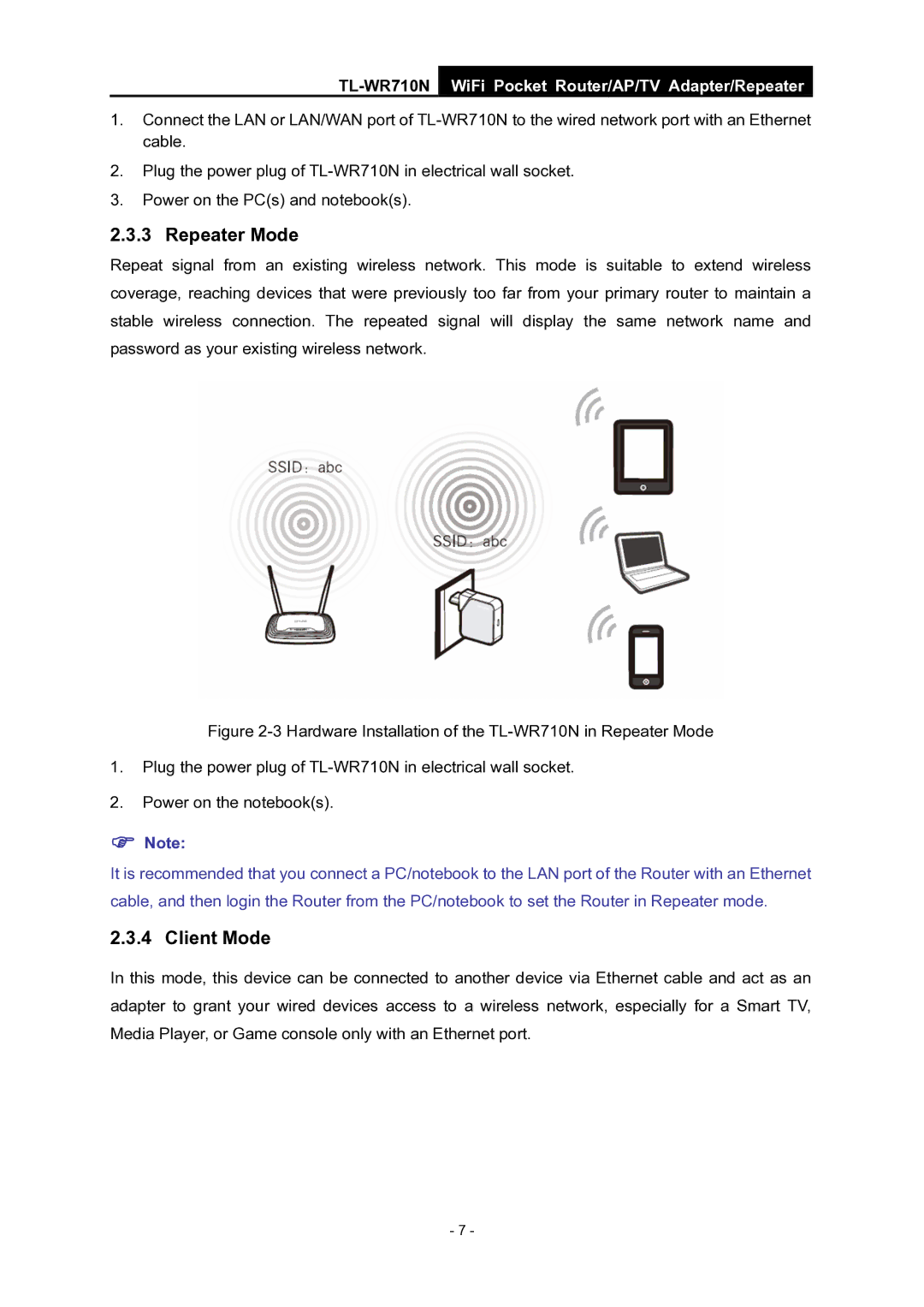 TP-Link WiFi Pocket Router/AP/TV Adapter/repeater manual Repeater Mode, Client Mode 