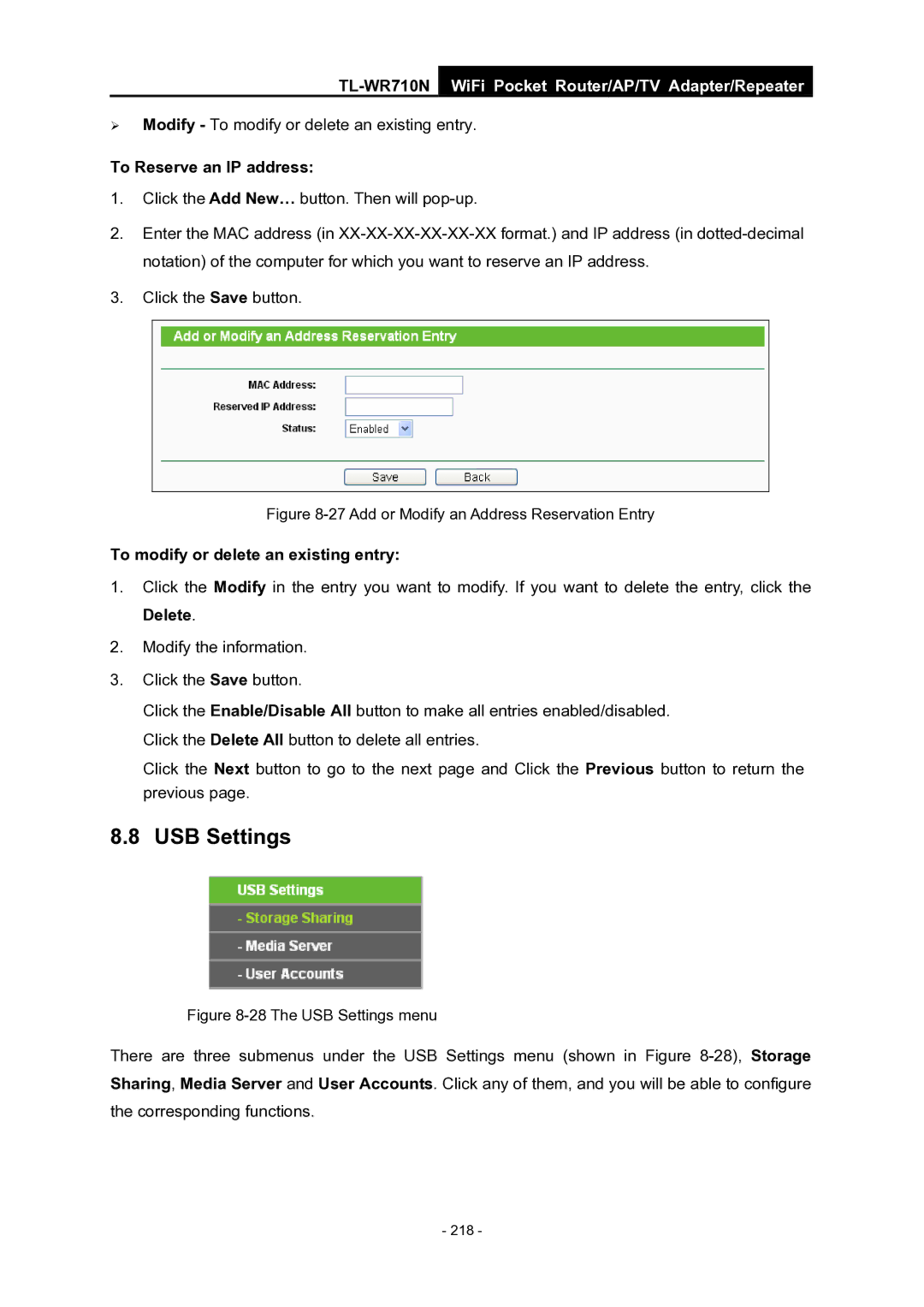 TP-Link WiFi Pocket Router/AP/TV Adapter/repeater manual Add or Modify an Address Reservation Entry 