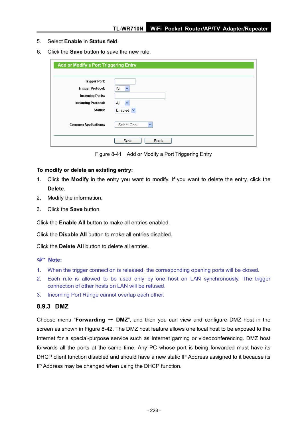 TP-Link WiFi Pocket Router/AP/TV Adapter/repeater manual 3 DMZ, Add or Modify a Port Triggering Entry 