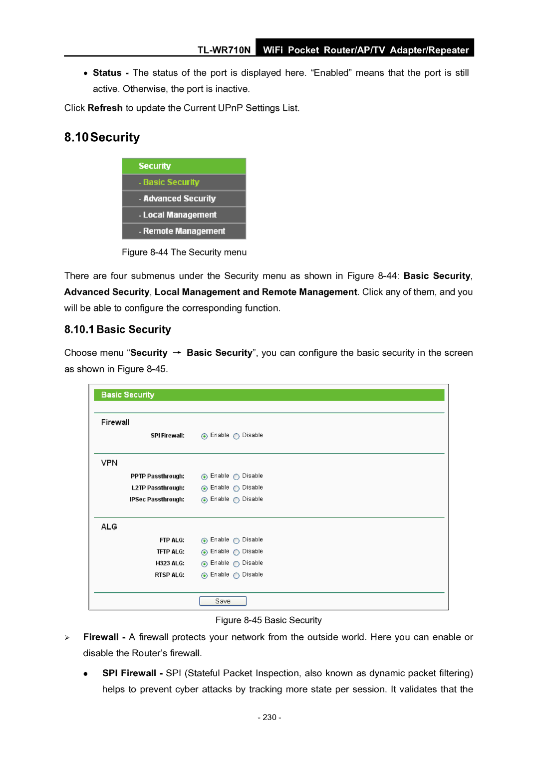 TP-Link WiFi Pocket Router/AP/TV Adapter/repeater manual 10Security, The Security menu 