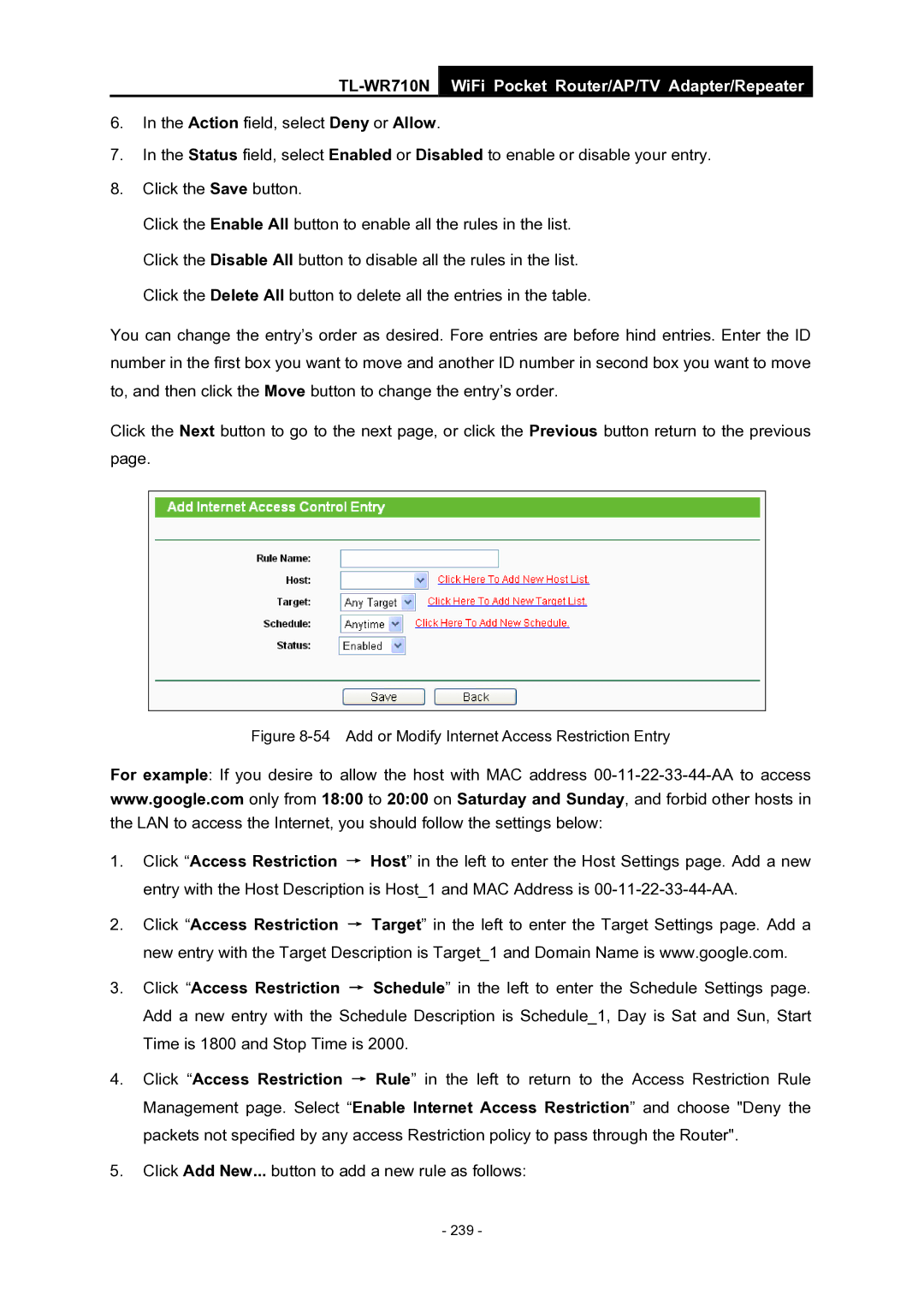 TP-Link WiFi Pocket Router/AP/TV Adapter/repeater manual Add or Modify Internet Access Restriction Entry 