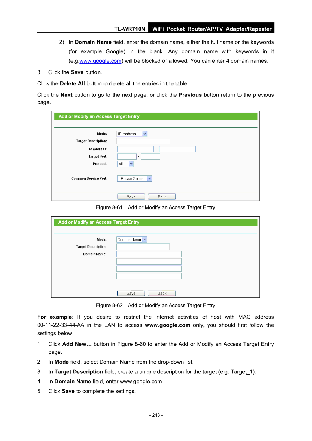 TP-Link WiFi Pocket Router/AP/TV Adapter/repeater manual Add or Modify an Access Target Entry 