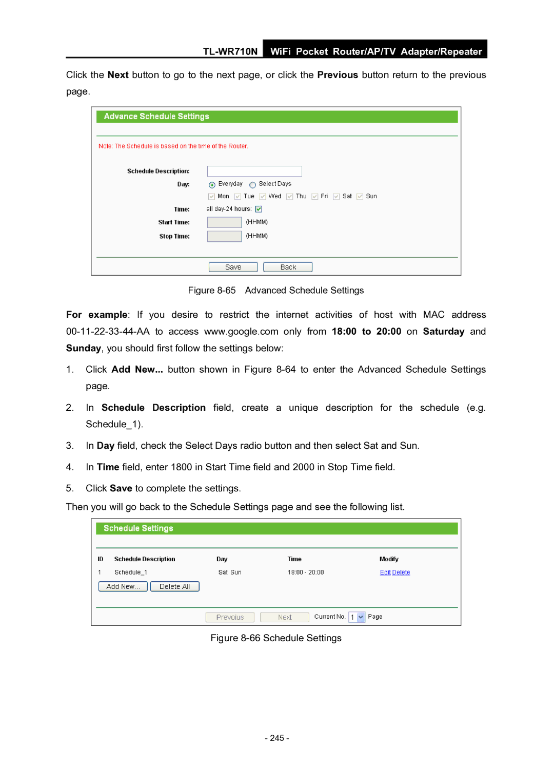 TP-Link WiFi Pocket Router/AP/TV Adapter/repeater manual Schedule Settings 