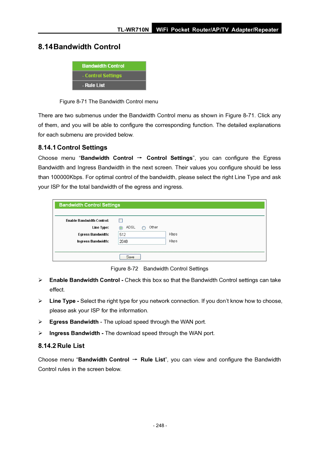 TP-Link WiFi Pocket Router/AP/TV Adapter/repeater manual 14Bandwidth Control, The Bandwidth Control menu 