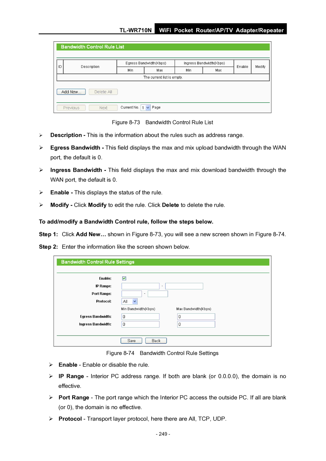 TP-Link WiFi Pocket Router/AP/TV Adapter/repeater manual Bandwidth Control Rule List 