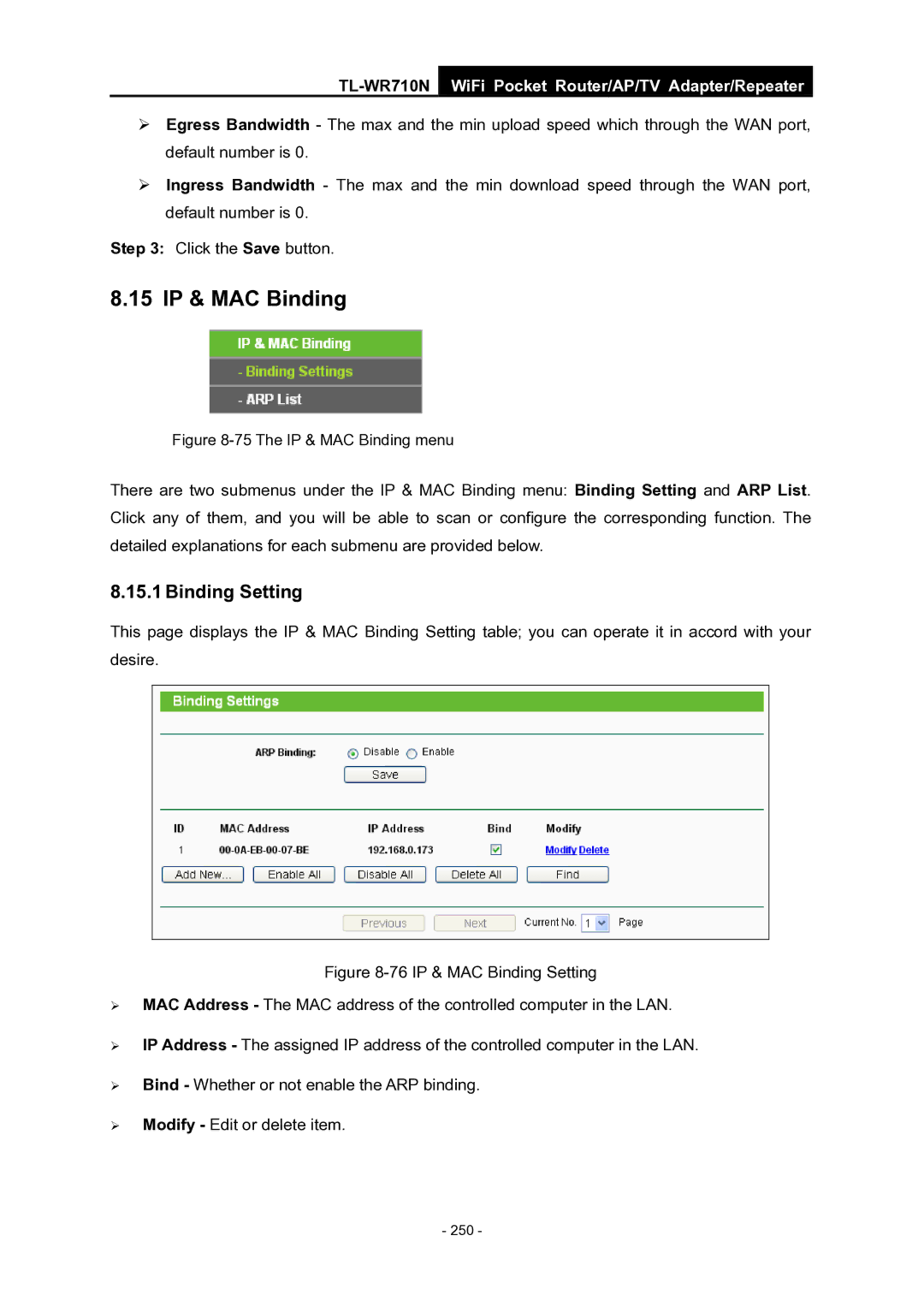 TP-Link WiFi Pocket Router/AP/TV Adapter/repeater manual 15 IP & MAC Binding, The IP & MAC Binding menu 