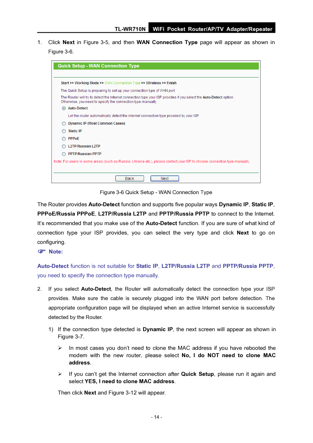 TP-Link WiFi Pocket Router/AP/TV Adapter/repeater manual Quick Setup WAN Connection Type 