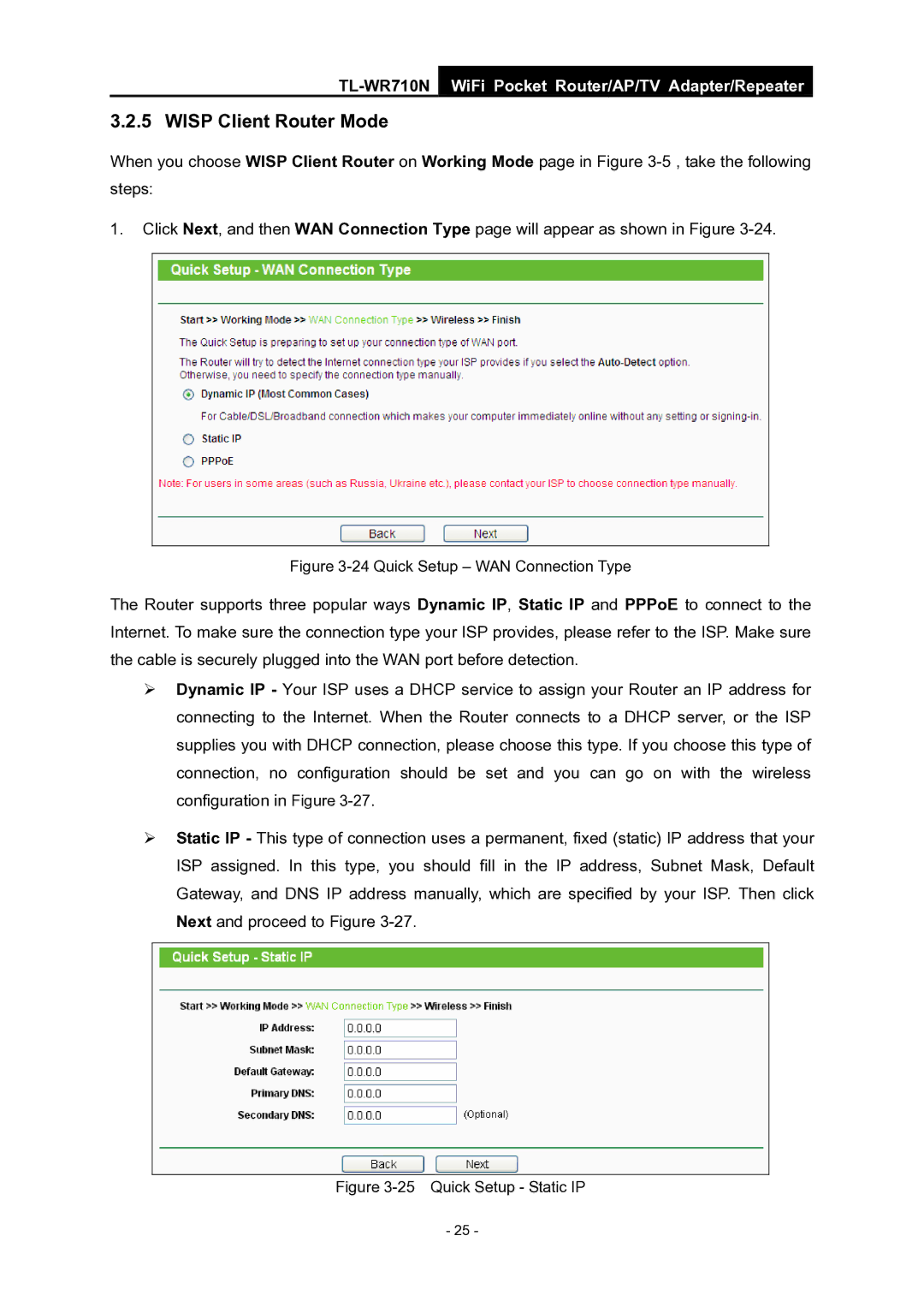 TP-Link WiFi Pocket Router/AP/TV Adapter/repeater manual Quick Setup WAN Connection Type 