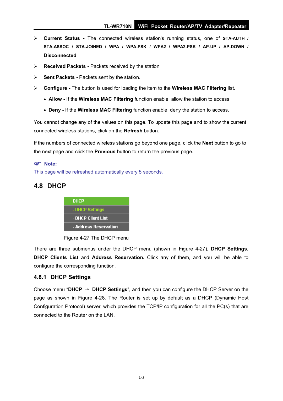 TP-Link WiFi Pocket Router/AP/TV Adapter/repeater manual Dhcp Settings, Disconnected 