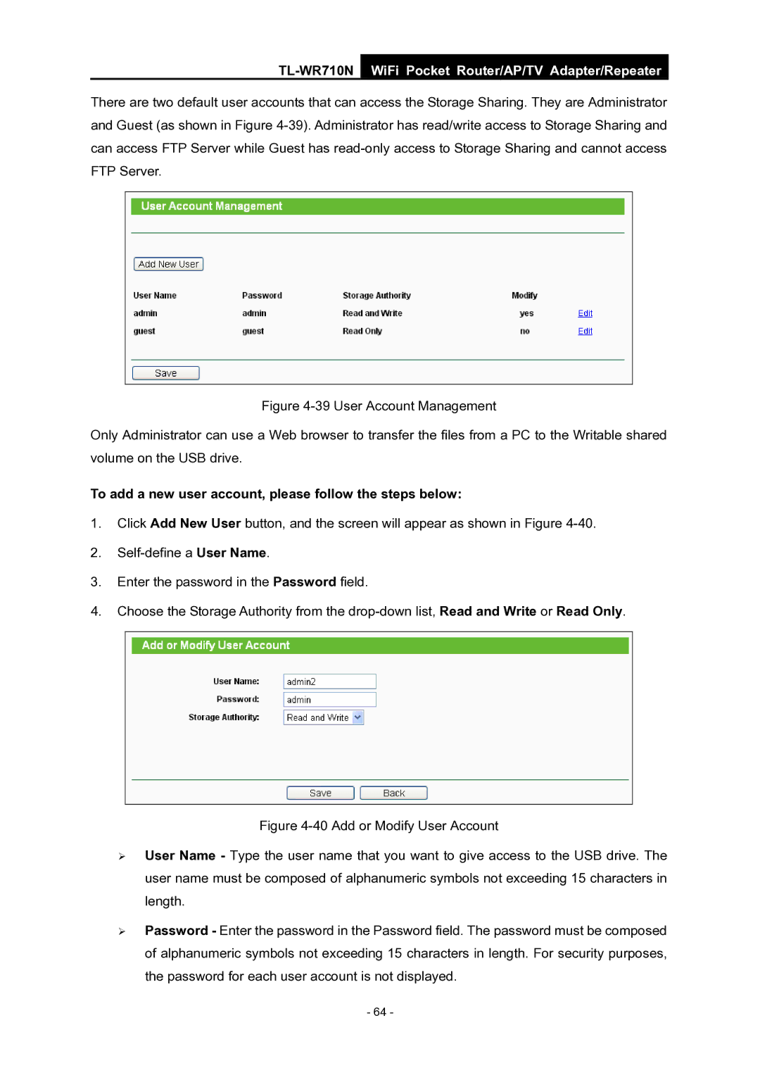 TP-Link WiFi Pocket Router/AP/TV Adapter/repeater manual To add a new user account, please follow the steps below 