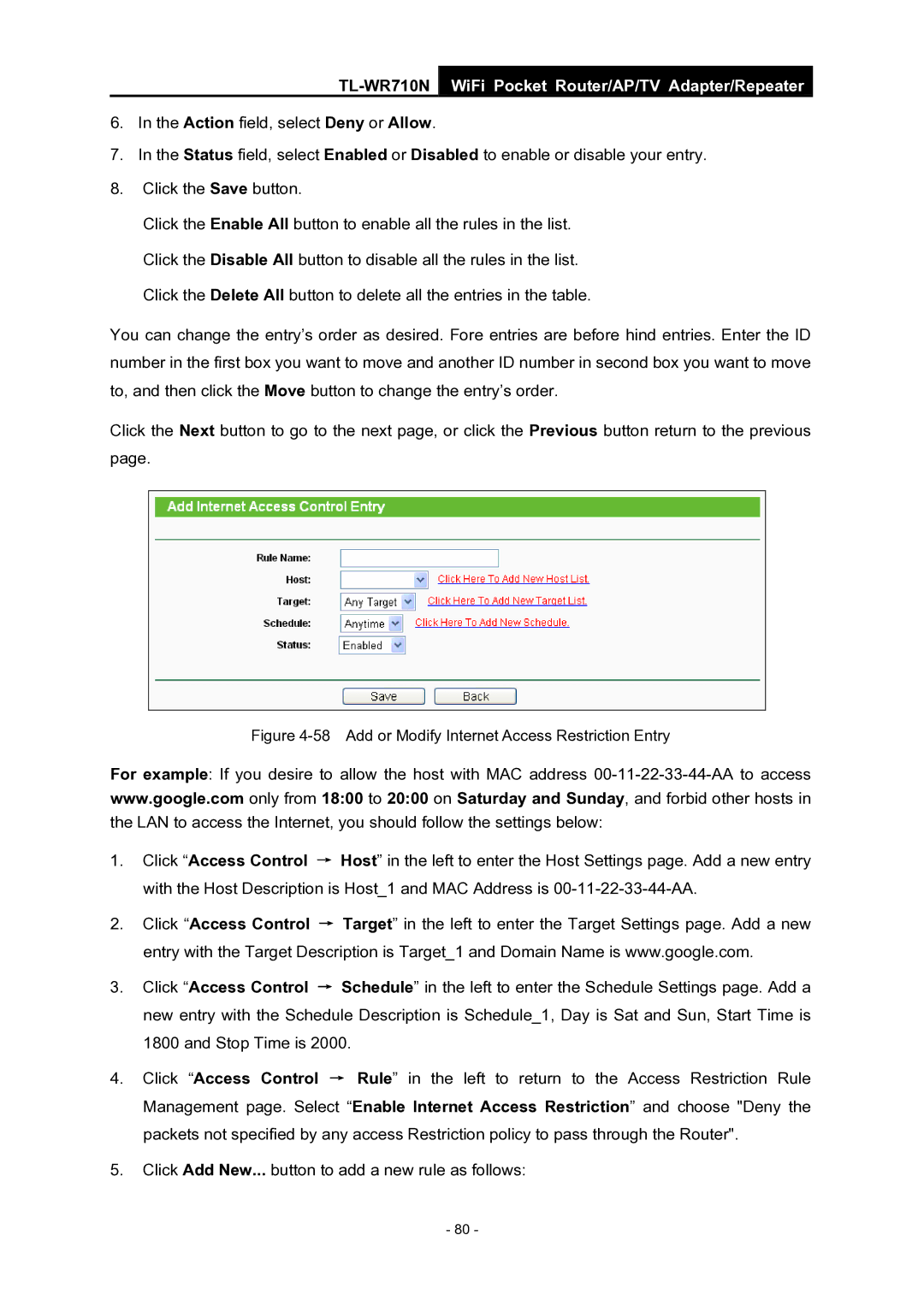 TP-Link WiFi Pocket Router/AP/TV Adapter/repeater manual Add or Modify Internet Access Restriction Entry 