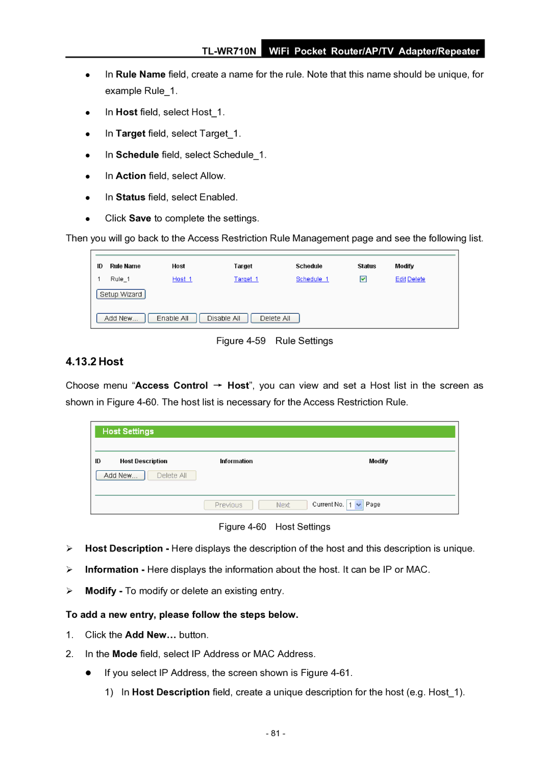 TP-Link WiFi Pocket Router/AP/TV Adapter/repeater manual Host, Rule Settings 