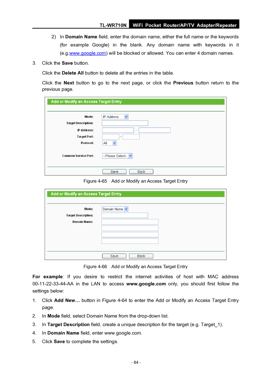 TP-Link WiFi Pocket Router/AP/TV Adapter/repeater manual Add or Modify an Access Target Entry 