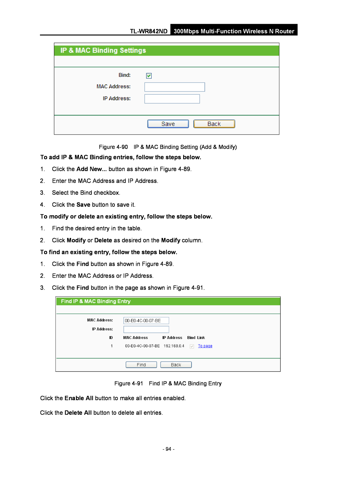 TP-Link WR-842ND manual To add IP & MAC Binding entries, follow the steps below, 90 IP & MAC Binding Setting Add & Modify 