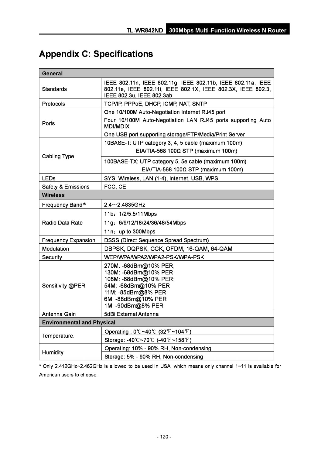 TP-Link WR-842ND manual Appendix C Specifications, TL-WR842ND, 300Mbps Multi-Function Wireless N Router, General 
