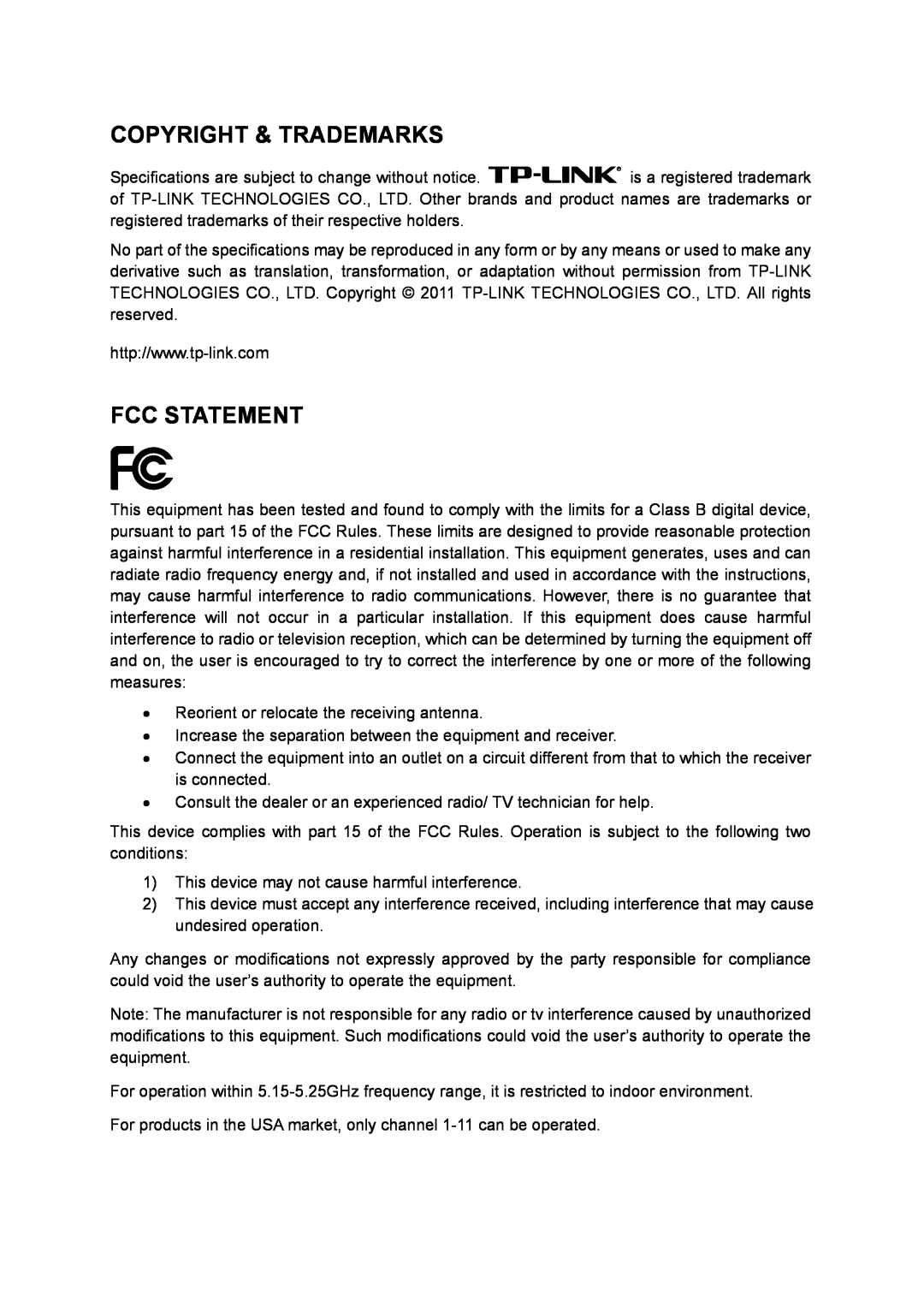 TP-Link WR-842ND manual Copyright & Trademarks, Fcc Statement 