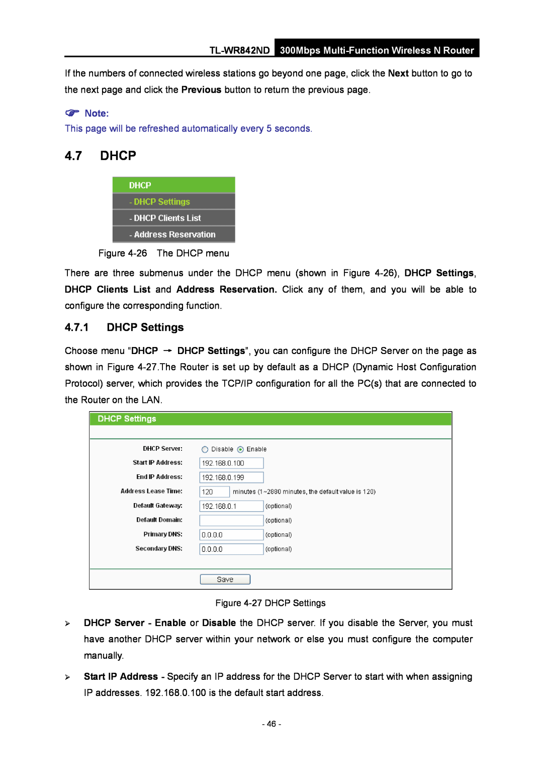 TP-Link WR-842ND manual Dhcp, DHCP Settings, This page will be refreshed automatically every 5 seconds 