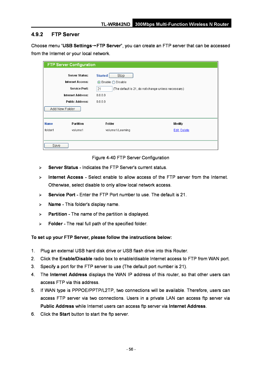 TP-Link WR-842ND manual To set up your FTP Server, please follow the instructions below 