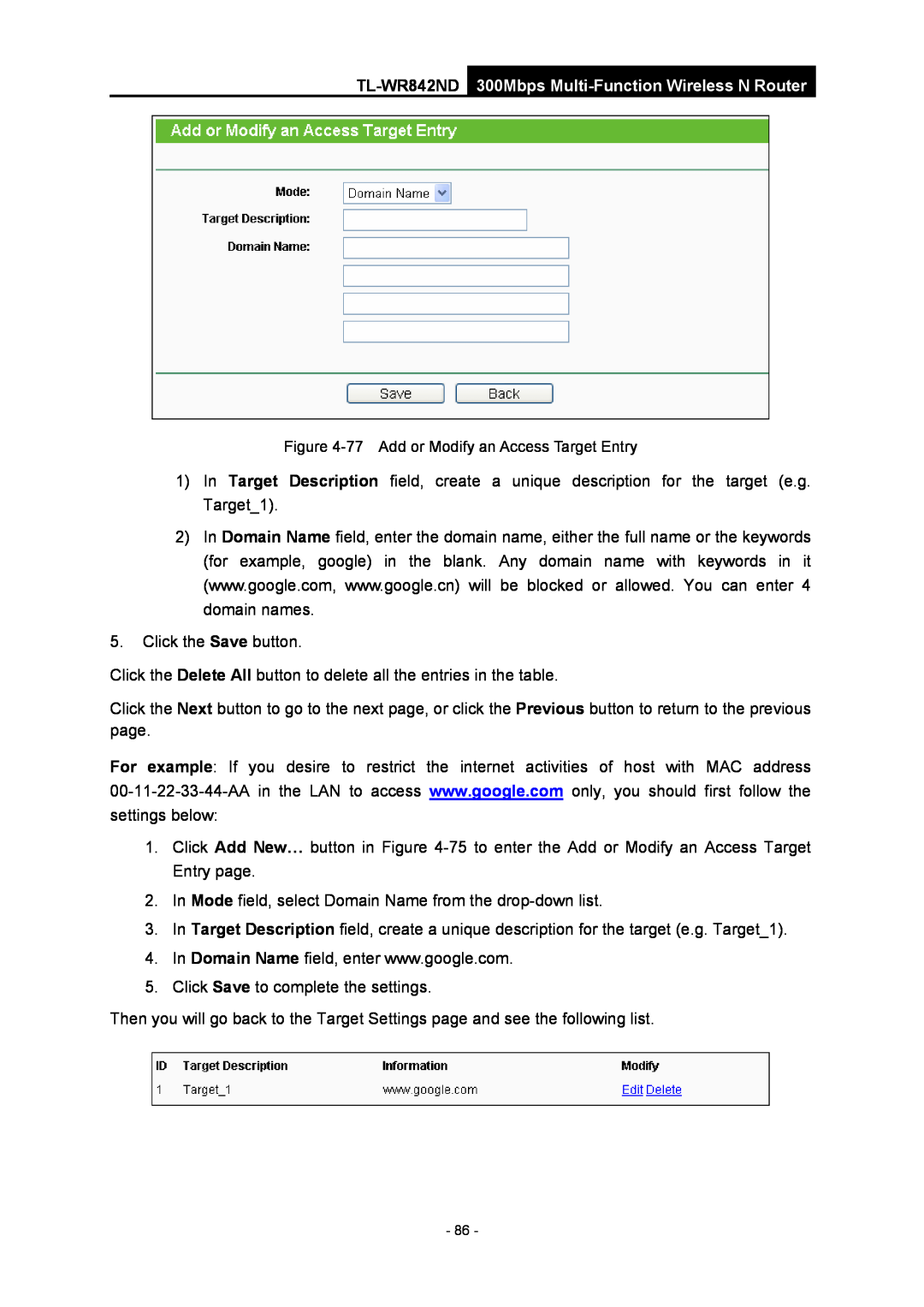 TP-Link WR-842ND manual TL-WR842ND 300Mbps Multi-Function Wireless N Router, 77 Add or Modify an Access Target Entry 
