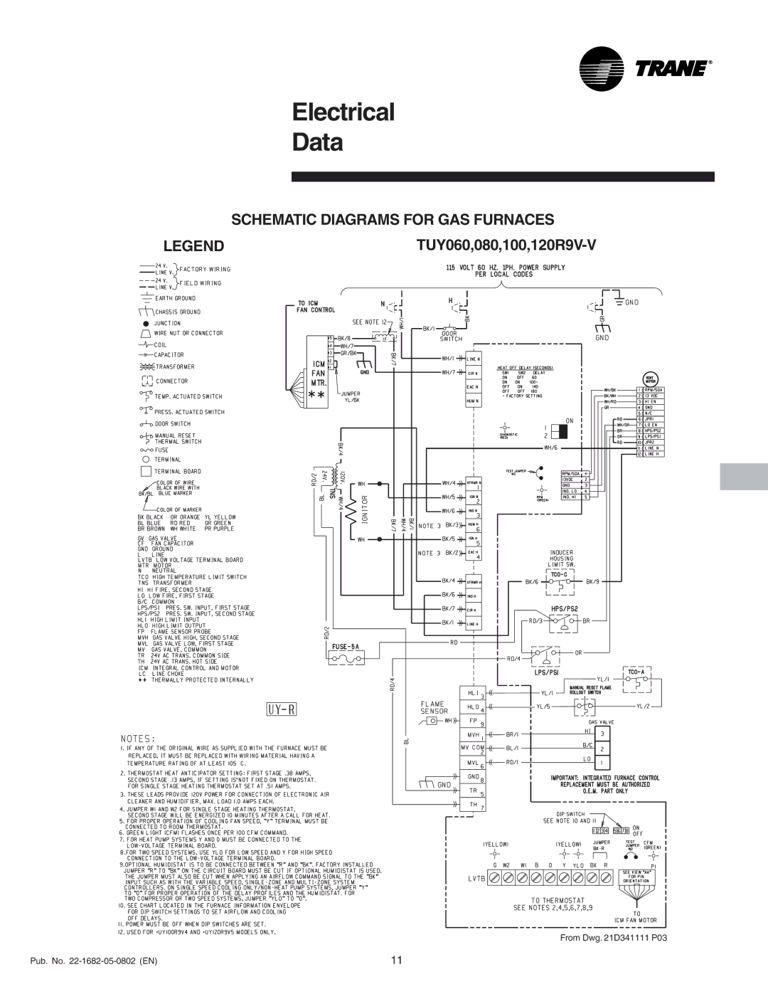 Trane 100, 080, XV 90, 120R9V manual Electrical Data, Schematic Diagrams for GAS Furnaces 