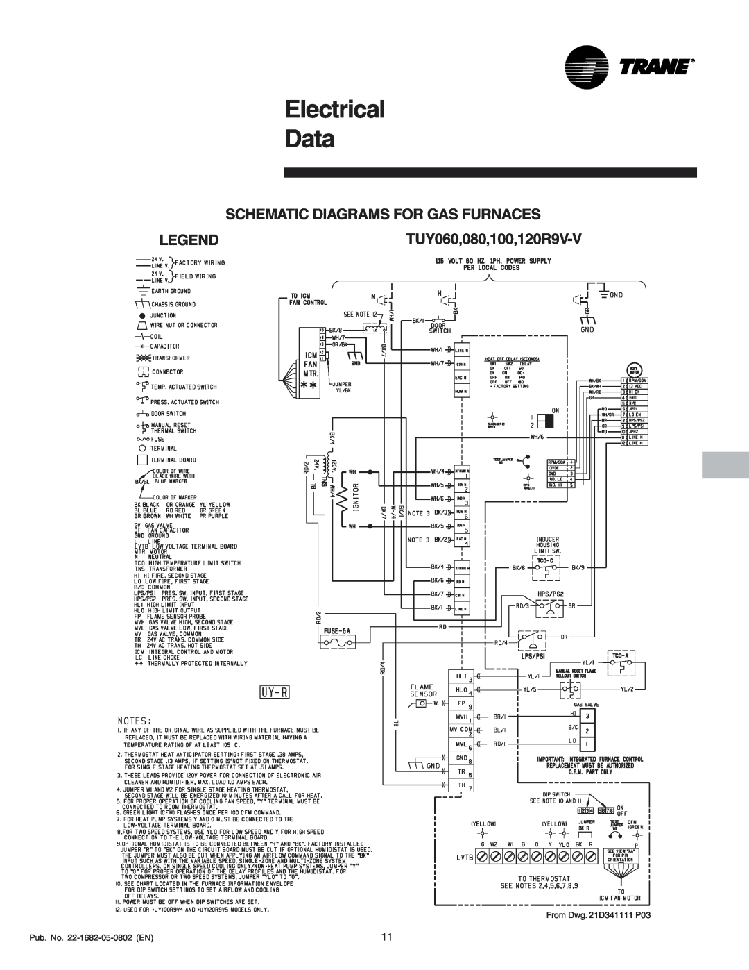 Trane XV 90 manual Electrical Data, Schematic Diagrams For Gas Furnaces, TUY060,080,100,120R9V-V 