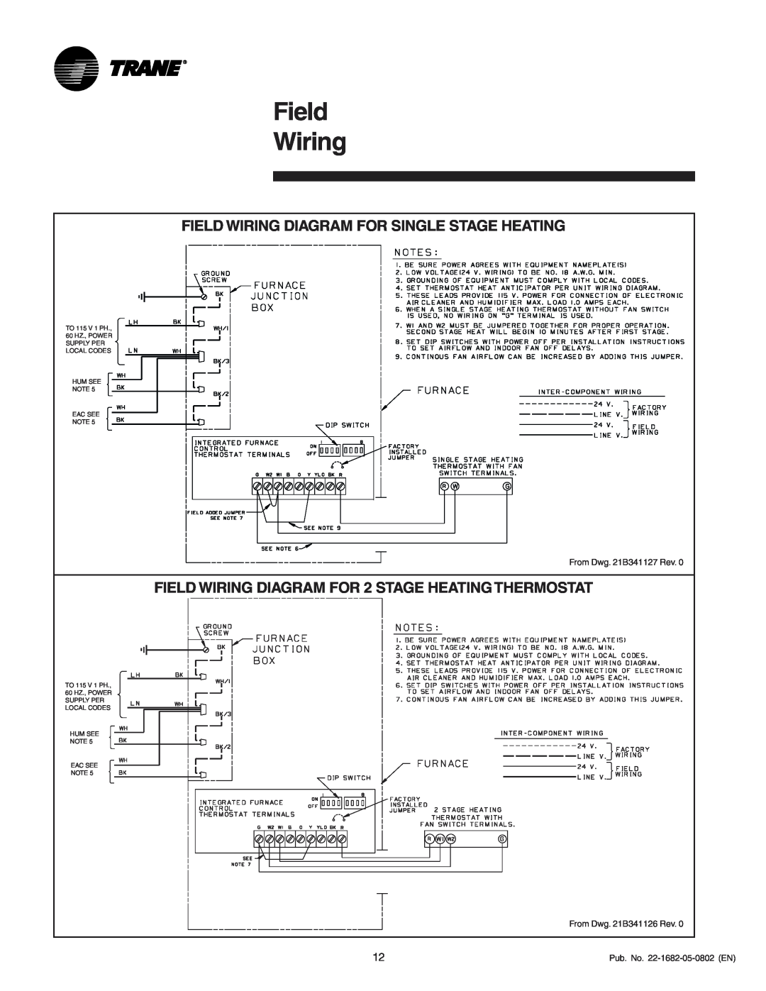 Trane 080, XV 90, 120R9V, 100 manual Field Wiring Diagram For Single Stage Heating 