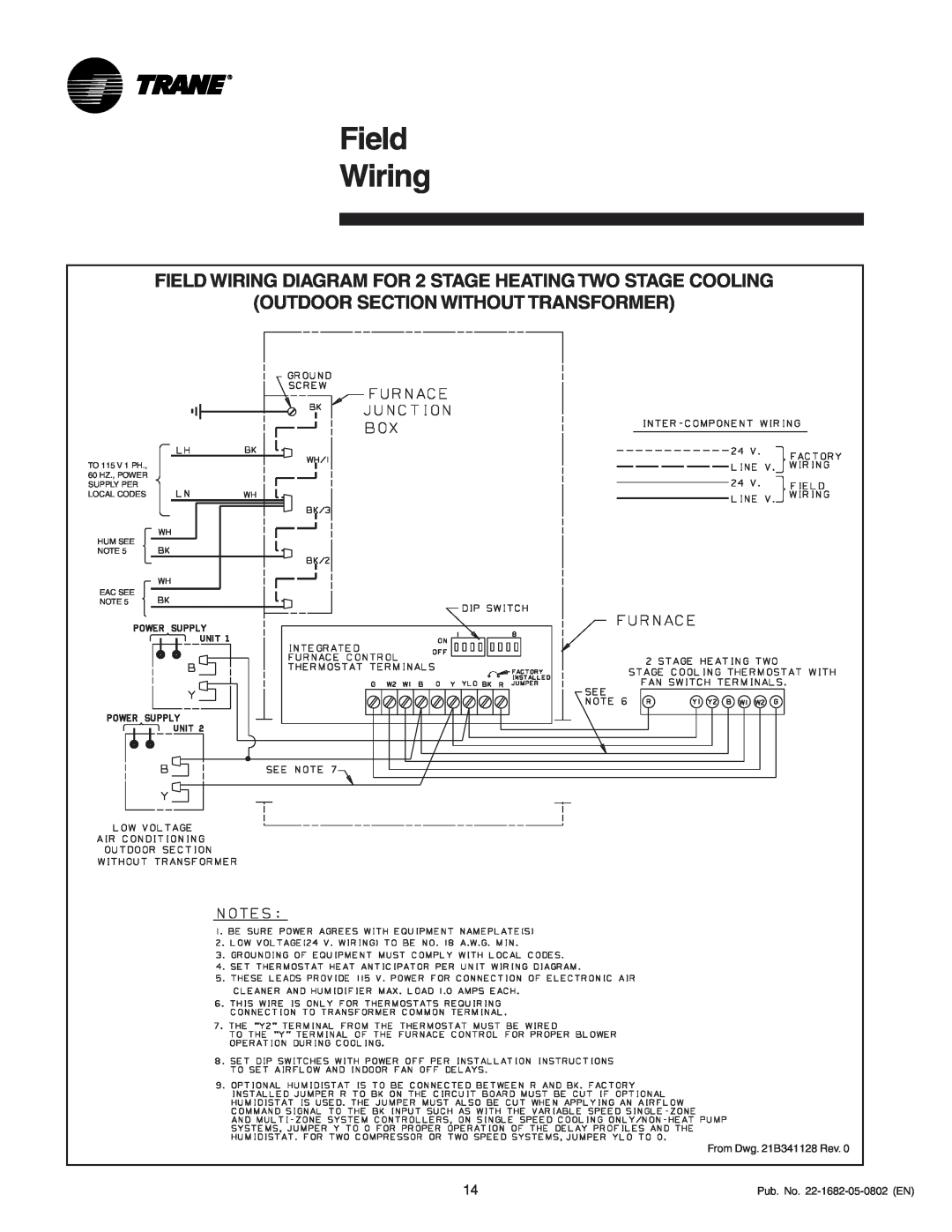 Trane 120R9V, XV 90 Field Wiring, Outdoor Section Without Transformer, From Dwg. 21B341128 Rev, Pub. No. 22-1682-05-0802EN 