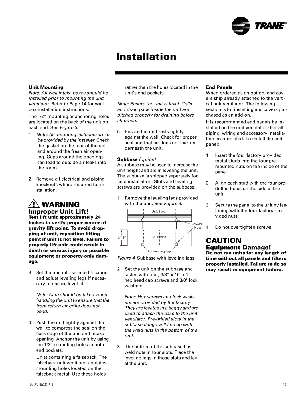 Trane 750 CFM, 1500 CFM manual Subbase option, End Panels 