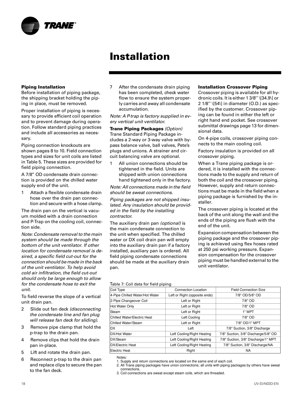 Trane 1500 CFM, 750 CFM manual Piping Installation, Installation Crossover Piping 