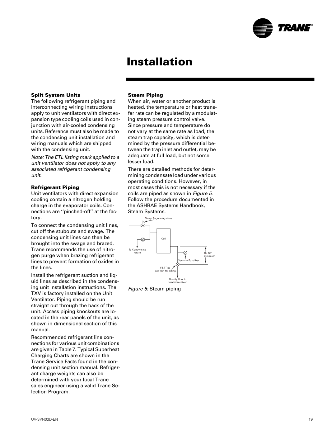 Trane 750 CFM, 1500 CFM manual Split System Units, Refrigerant Piping, Steam Piping 