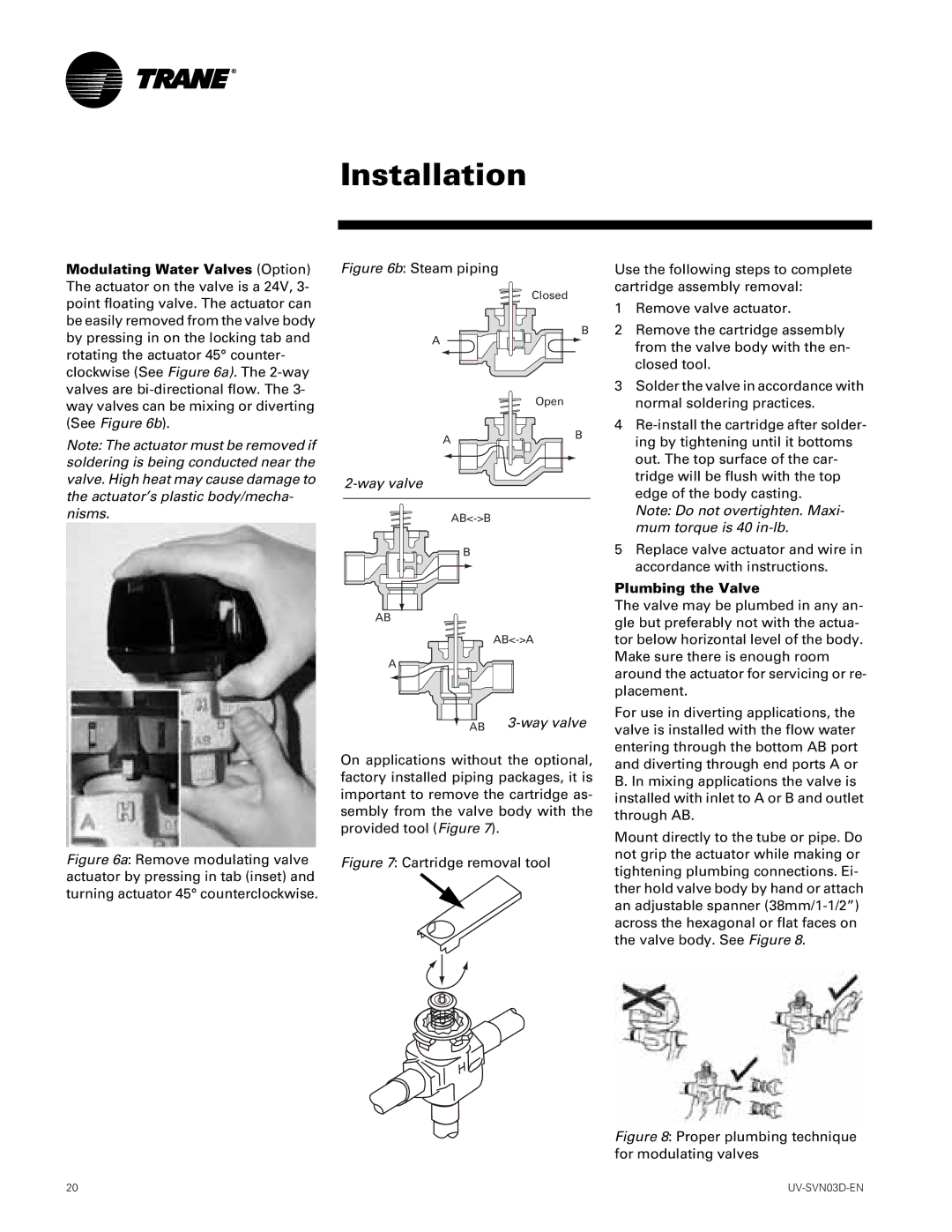 Trane 1500 CFM, 750 CFM manual AB 3-way valve, Plumbing the Valve 