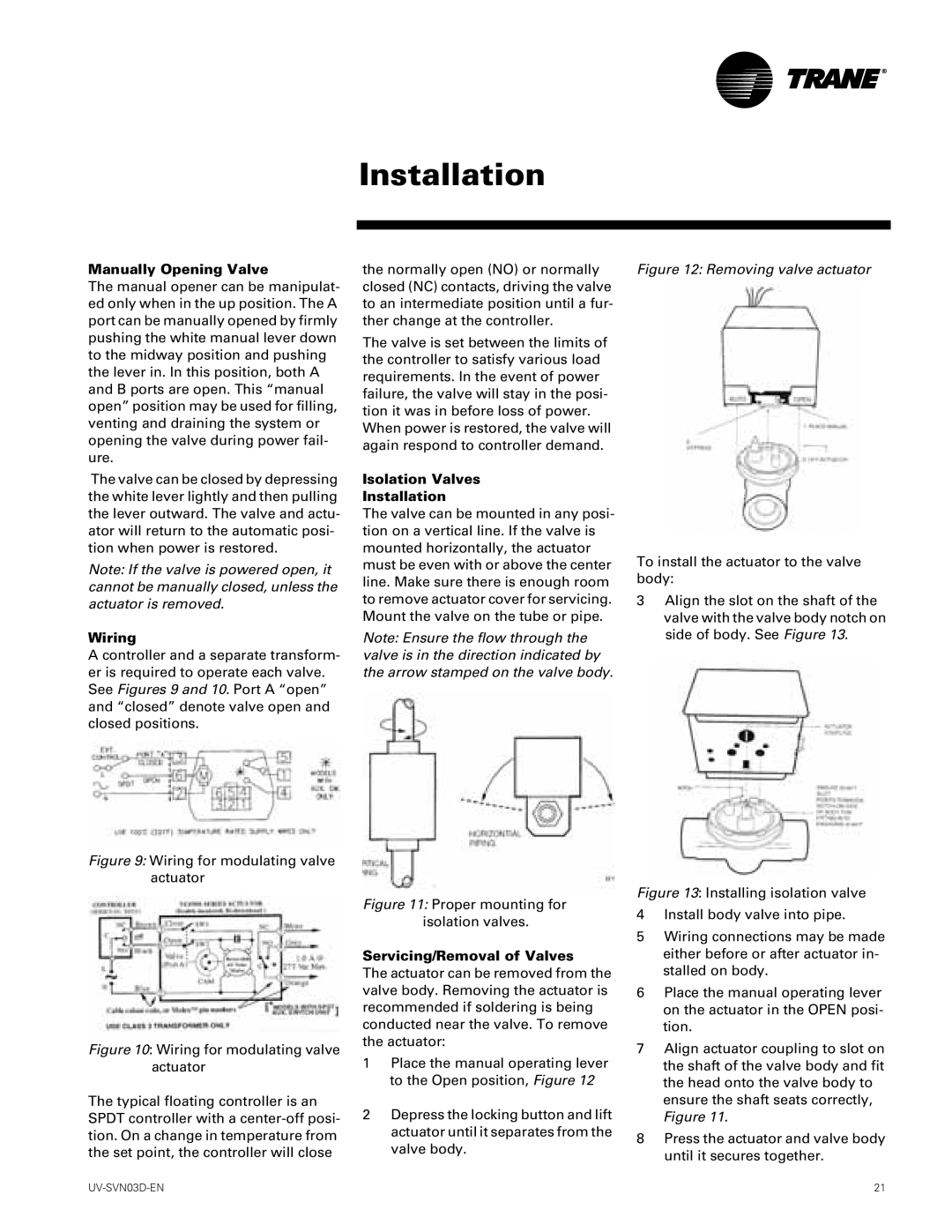 Trane 750 CFM, 1500 CFM manual Manually Opening Valve, Wiring, Isolation Valves Installation, Servicing/Removal of Valves 