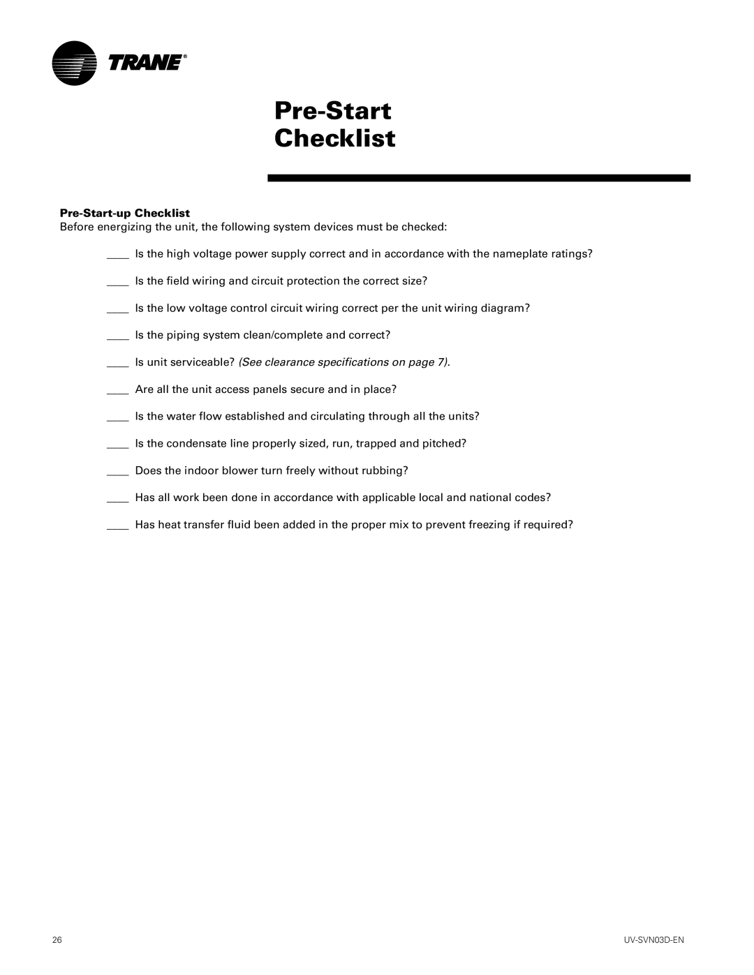 Trane 1500 CFM, 750 CFM manual Pre-Start Checklist, Pre-Start-up Checklist 