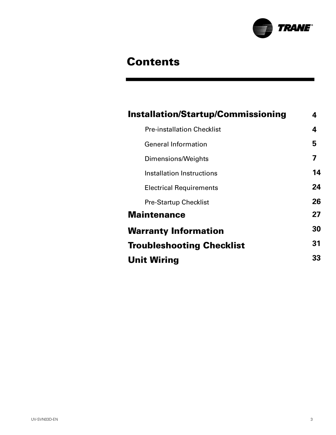 Trane 750 CFM, 1500 CFM manual Contents 