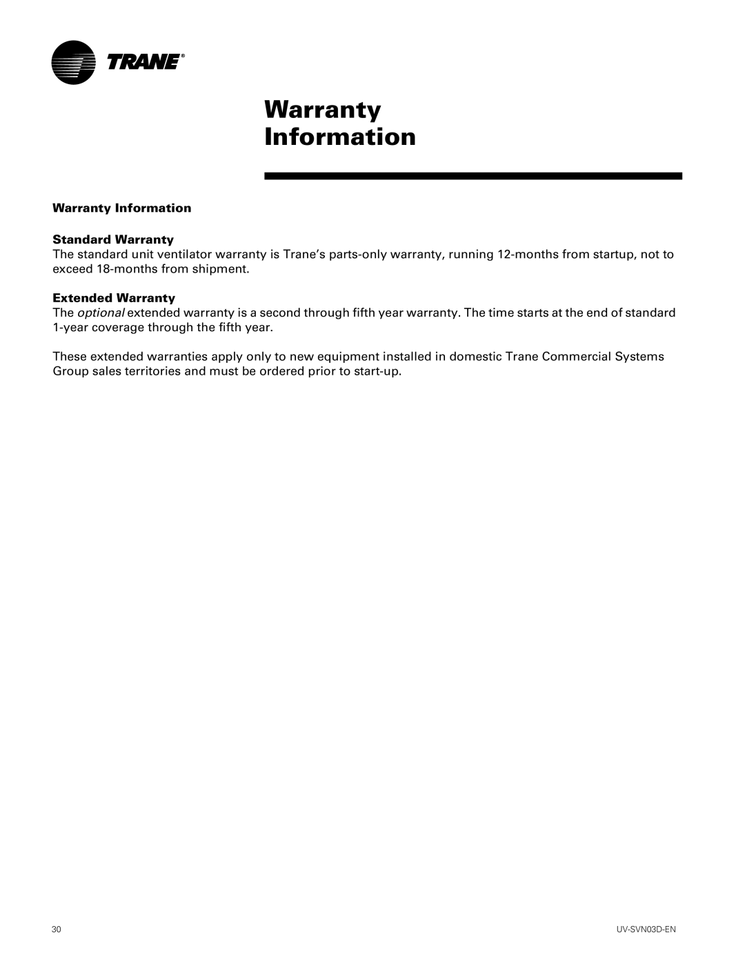 Trane 1500 CFM, 750 CFM manual Warranty Information Standard Warranty 