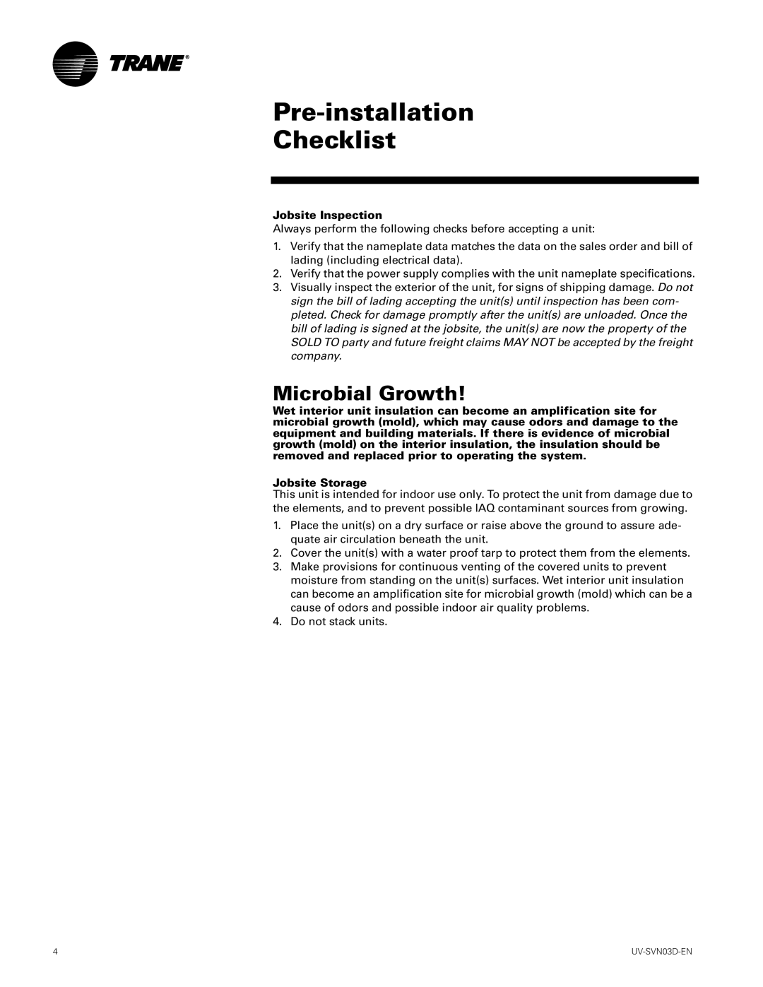 Trane 1500 CFM, 750 CFM manual Pre-installation Checklist, Jobsite Inspection 