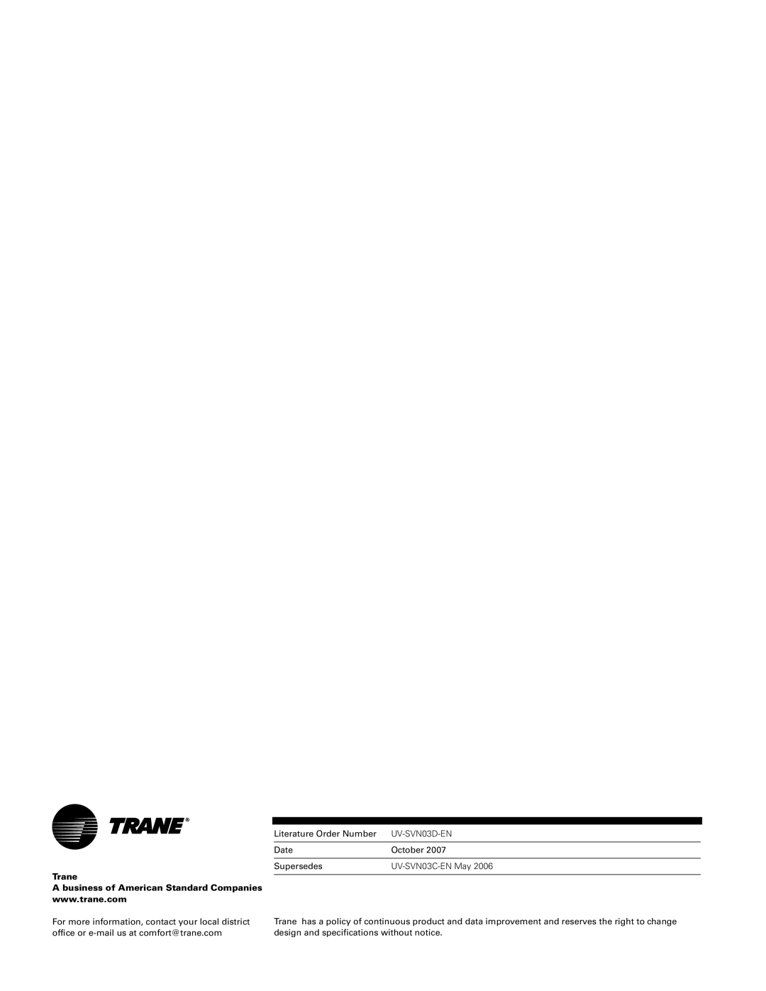 Trane 1500 CFM, 750 CFM manual Trane 