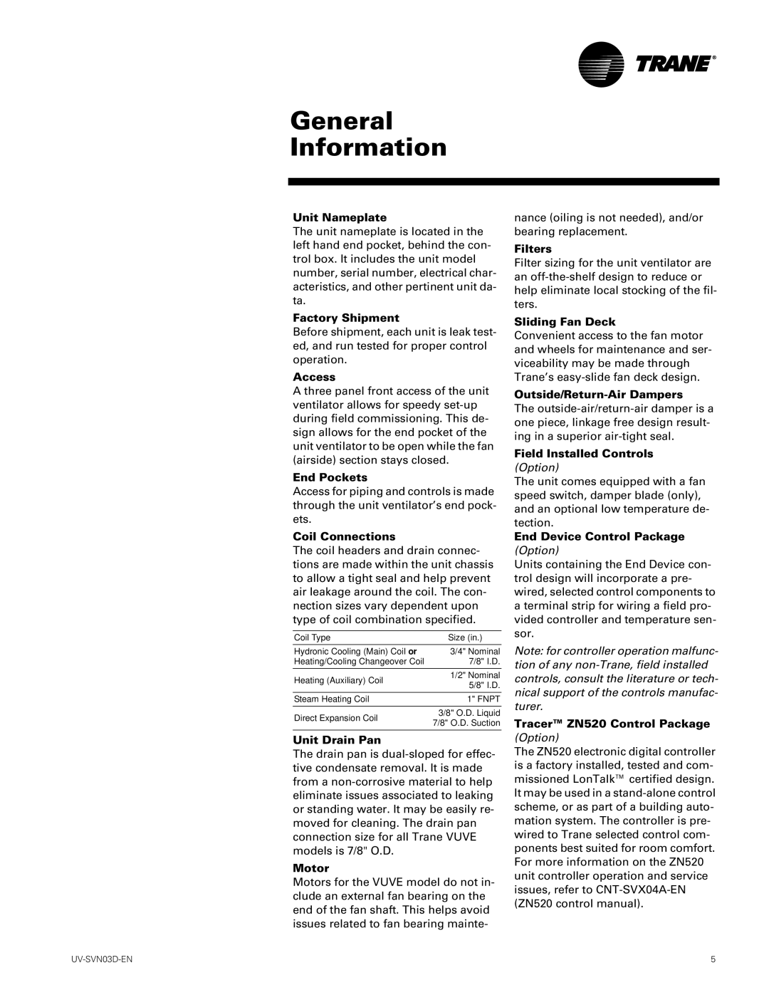 Trane 750 CFM, 1500 CFM manual General Information 