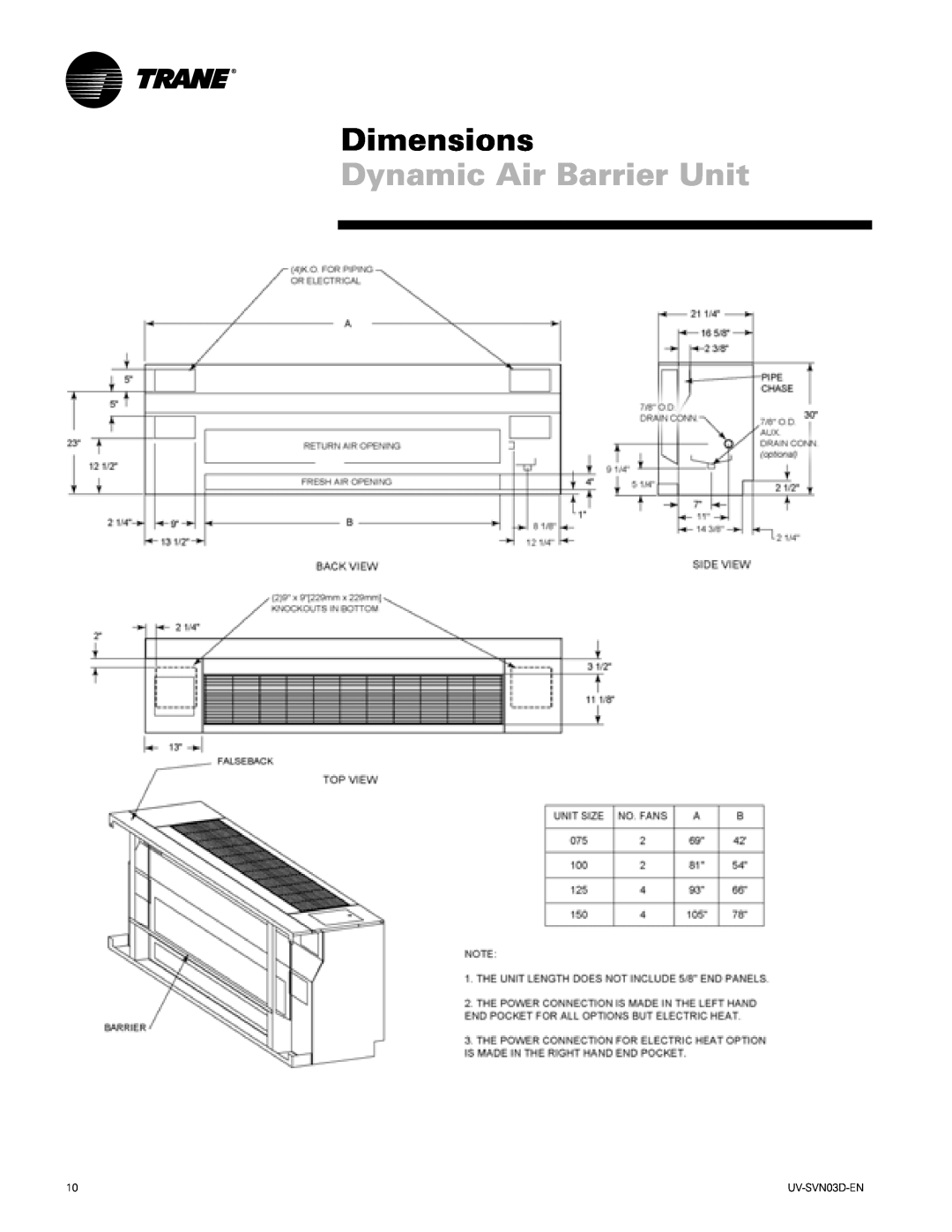 Trane 1500 CFM, 750 CFM manual Dynamic Air Barrier Unit, Dimensions 