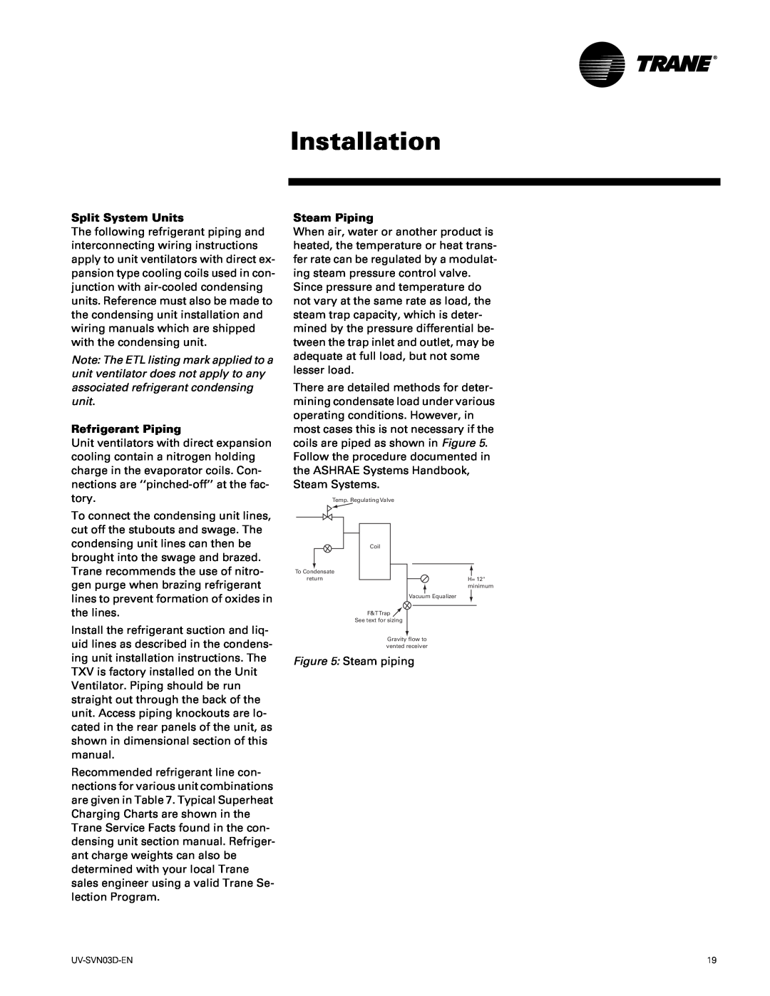 Trane 750 CFM, 1500 CFM manual Installation, Split System Units, Refrigerant Piping, Steam Piping 