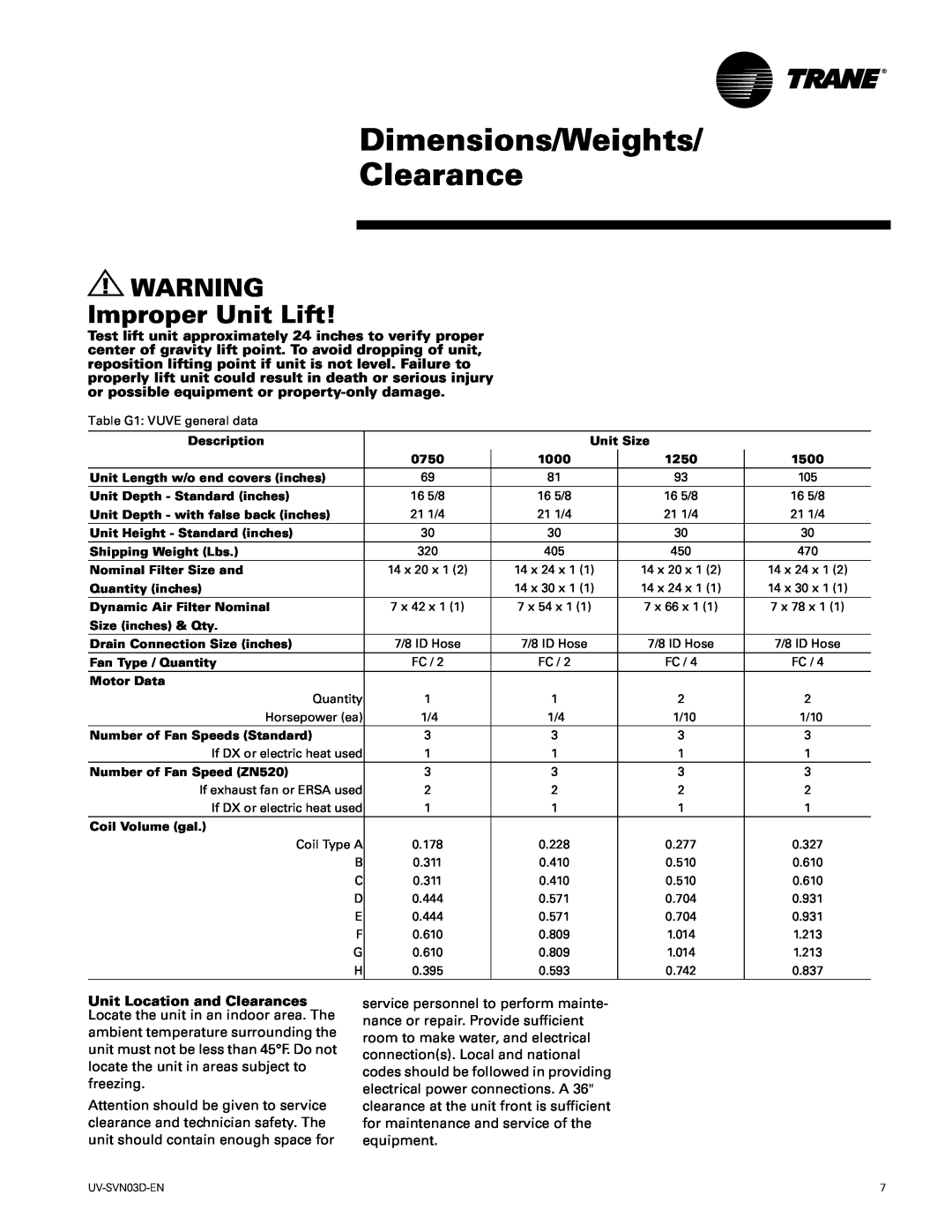 Trane 750 CFM, 1500 CFM manual Dimensions/Weights Clearance, Improper Unit Lift 