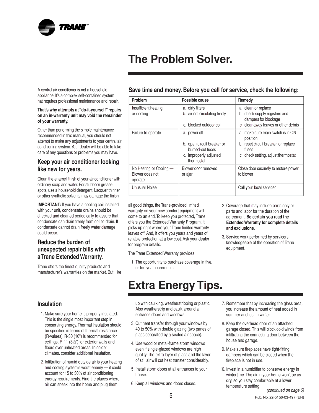 Trane 22-5150-03-497 Problem Solver, Extra Energy Tips, Keep your air conditioner looking like new for years, Insulation 