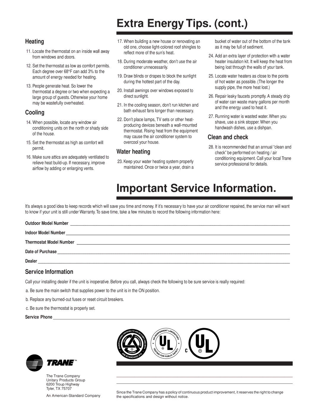 Trane 22-5150-03-497 manual Extra Energy Tips, Important Service Information 