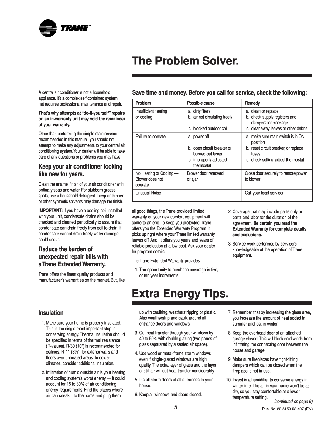 Trane 22-5150-03-497 manual The Problem Solver, Extra Energy Tips, Possible cause, Remedy, continued on page 