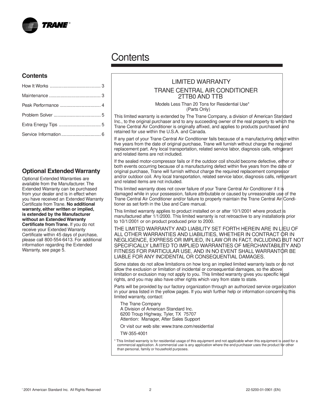 Trane 22-5200-01-0901 (EN) manual Contents 