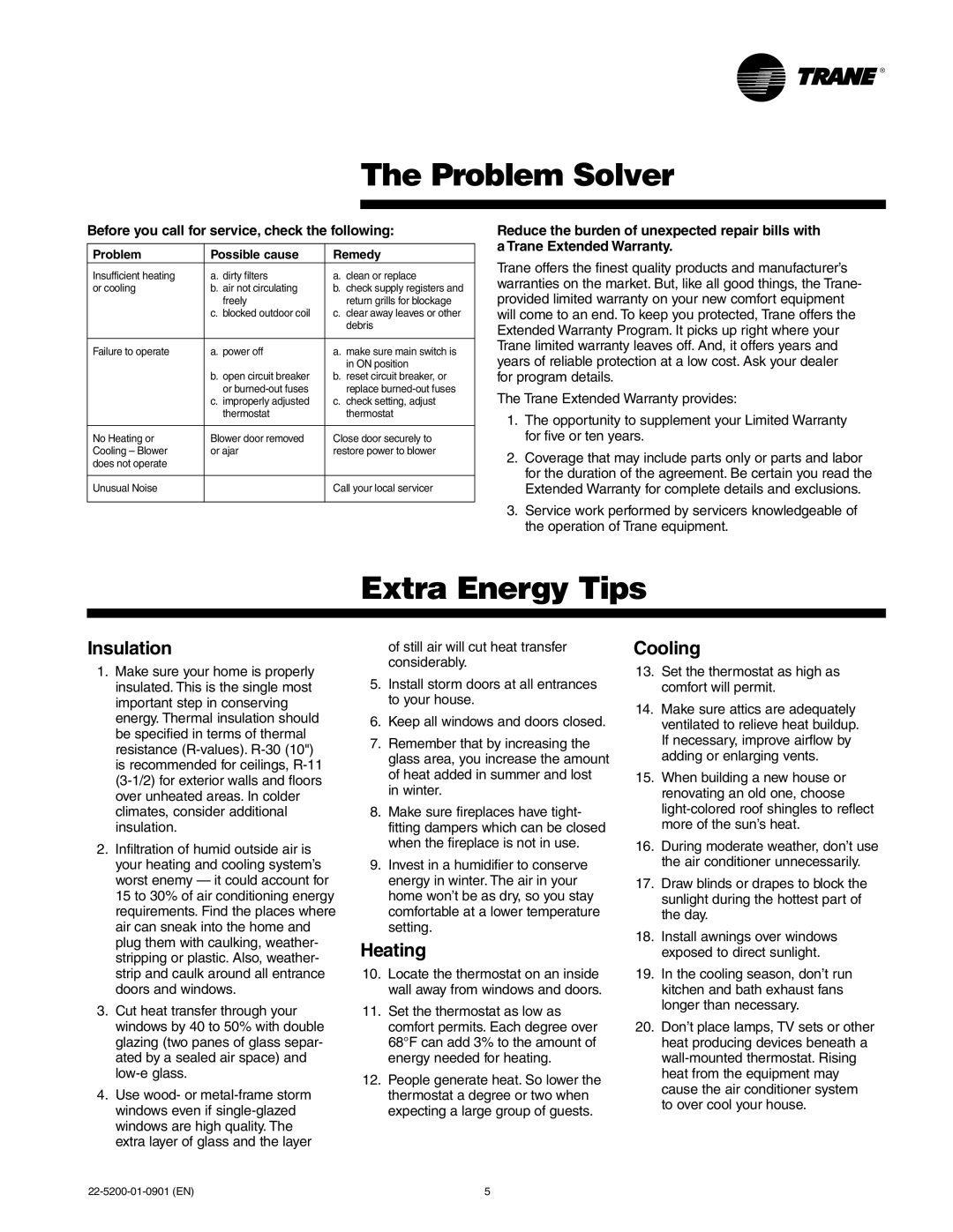 Trane 22-5200-01-0901 (EN) manual Problem Solver, Extra Energy Tips, Insulation, Heating, Cooling 