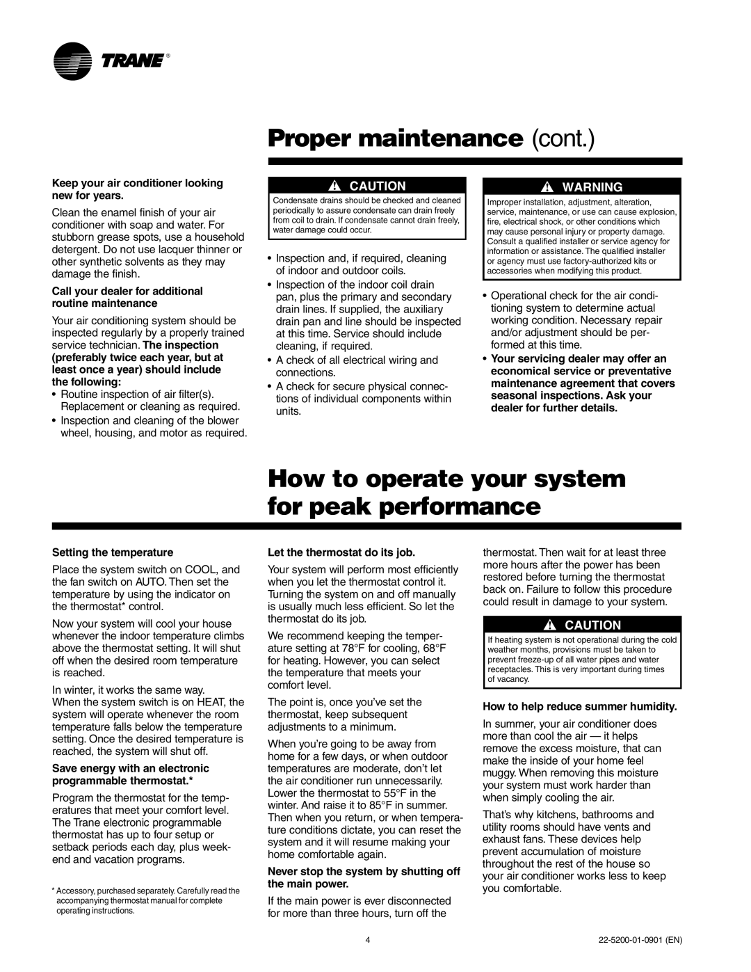 Trane 22-5200-01-0901 (EN) manual Proper maintenance cont, How to operate your system for peak performance 