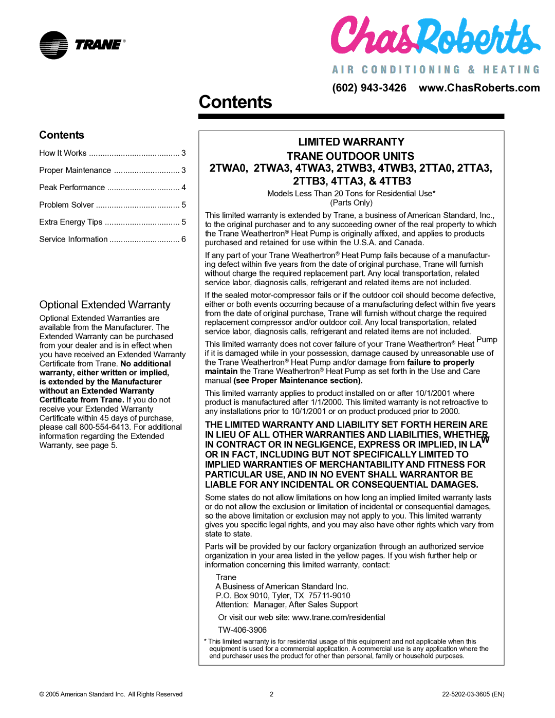 Trane 22-5202-03-3605 manual Contents 