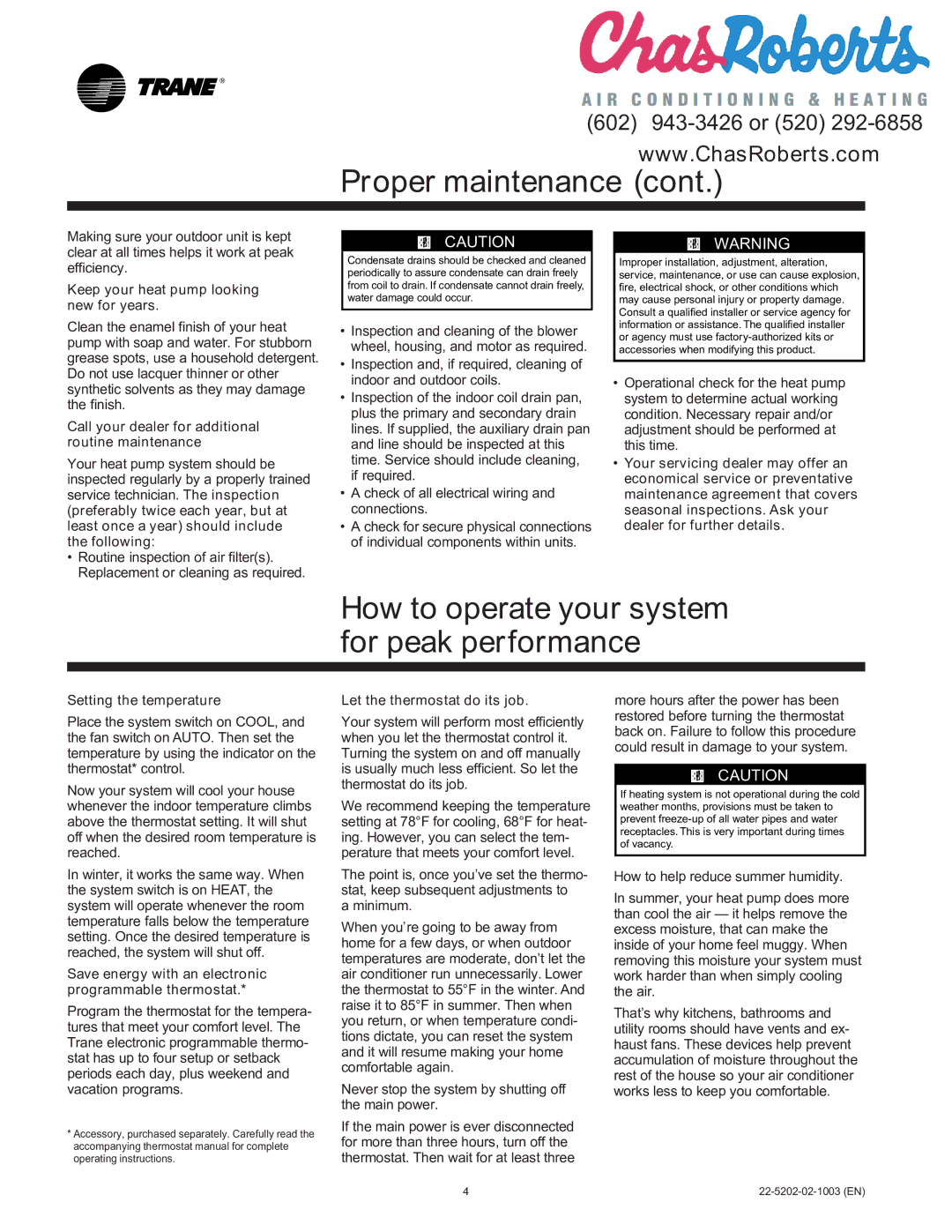 Trane 22-5202-03-3605 manual Proper maintenance, Save energy with an electronic programmable thermostat, Minimum 